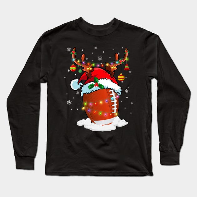 Reindeer Santa Hat Football Christmas Lights Xmas Long Sleeve T-Shirt by Dunnhlpp